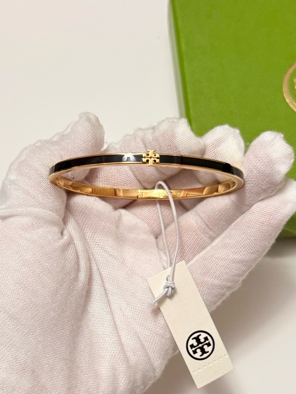 Tory Burch Black Thin Enamel Logo Bangle Bracelet NWT Size Medium